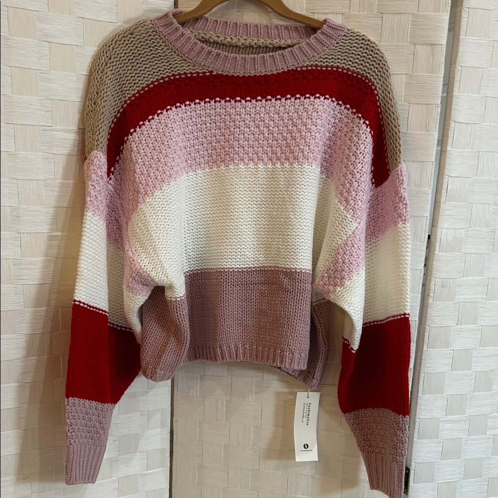 Colorblock Crewneck Sweater in Pink, Red & Cream